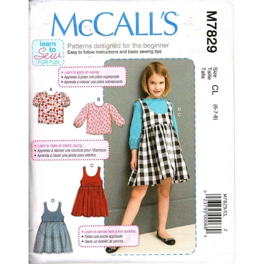 McCall's M7829 Girls Size 6 to 8 Tops and Jumper Dresses Uncut Sewing Pattern